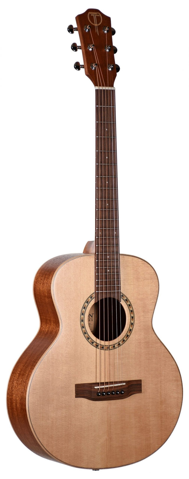 The image shows an acoustic guitar with a natural light wood top and darker wood back and sides. It has six tuning pegs, fret markers along the neck, a decorative rosette around the sound hole, and a wooden bridge. The headstock features a brand logo. The guitar’s classic body shape and finish suggest a quality instrument suitable for beginners to intermediate players, fitting various musical styles.