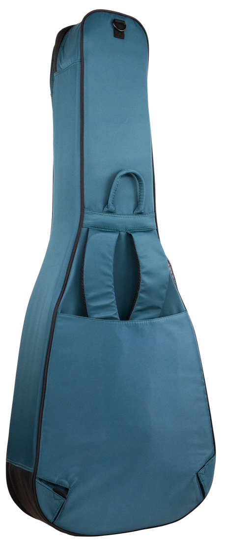 The image shows a teal/blue-green guitar gig bag designed for acoustic or electric guitars. It has a padded soft shell, dark trim, a front pocket with handles for accessories, backpack-style shoulder straps, a top handle, and a full-length zipper. Lightweight and portable, it offers convenient protection for musicians transporting their instruments to lessons, gigs, or practice sessions.