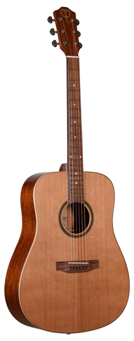 The image shows a dreadnought-style acoustic guitar with a natural light wood top and darker wood back and sides. It features six steel strings, chrome tuning pegs, a dark wood fretboard with dot inlays, a traditional bridge with a light-colored saddle, a decorative rosette around the sound hole, and white binding on the body edges. The guitar has a clean, classic design with a satin or semi-gloss finish, suitable for various musical styles.