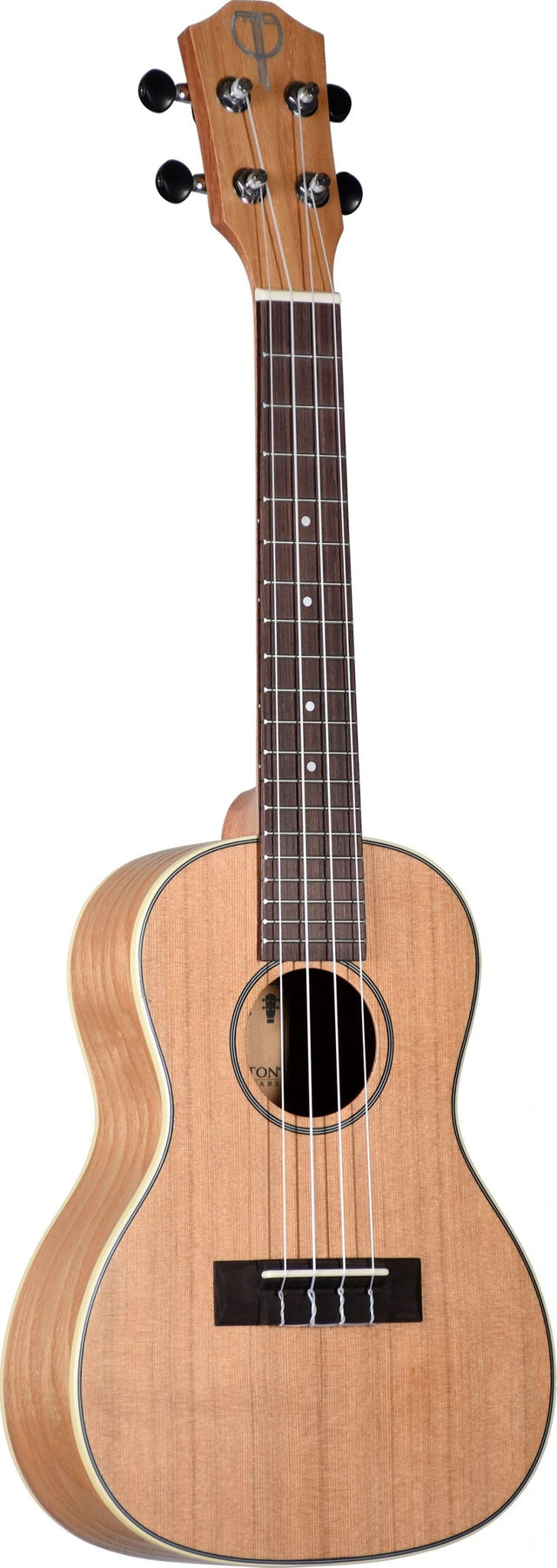 The image shows a concert or tenor ukulele with a natural wood body featuring visible grain, a darker rosewood fretboard with white markers, four cream-colored strings, black tuning pegs with silver machines, a figure-8 shape with a centered sound hole, decorative binding, and a satin matte finish. The headstock displays the "TONE" marking, indicating a quality instrument suitable for beginners and experienced players.