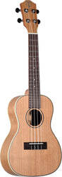 The image shows a concert or tenor ukulele with a natural wood body featuring visible grain, a darker rosewood fretboard with white markers, four cream-colored strings, black tuning pegs with silver machines, a figure-8 shape with a centered sound hole, decorative binding, and a satin matte finish. The headstock displays the "TONE" marking, indicating a quality instrument suitable for beginners and experienced players.