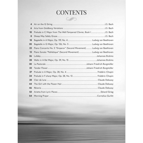The image shows a table of contents from a classical piano music collection, featuring works by J.S. Bach (Air on the G String, Goldberg Variations), Beethoven (Bagatelles, "Emperor" Concerto), Brahms (Lullaby, Waltz), and pieces by Burgmüller, Chopin, Debussy, Grieg, and Gurlitt. The selection suggests an intermediate-level repertoire of popular classical piano pieces.