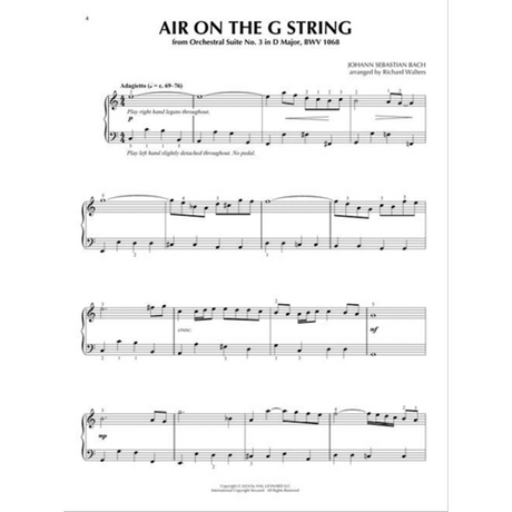 The image shows sheet music for "Air on the G String" by J.S. Bach, arranged for piano by Richard Walters. It features treble and bass clefs, a 4/4 time signature, and the tempo marking "Adagietto." Performance notes include legato right hand and slightly detached left hand with no pedal. The score includes dynamics, fingering, slurs, and ties, highlighting the flowing melodic line of this classic piece.