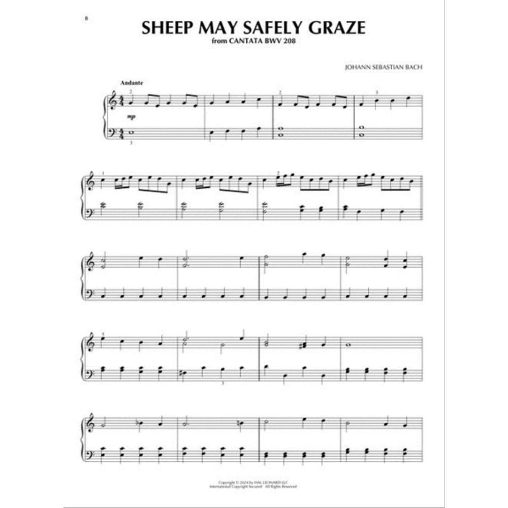 The image shows sheet music for "Sheep May Safely Graze" from Bach's Cantata BWV 208, arranged for piano in standard notation with treble and bass clefs. Marked "Andante" in 4/4 time, it includes a mezzo-piano dynamic. This Baroque piece, known for its pastoral melody, is presented in a clean, professional format suitable for performance or study.