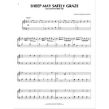 The image shows sheet music for "Sheep May Safely Graze" from Bach's Cantata BWV 208, arranged for piano in standard notation with treble and bass clefs. Marked "Andante" in 4/4 time, it includes a mezzo-piano dynamic. This Baroque piece, known for its pastoral melody, is presented in a clean, professional format suitable for performance or study.