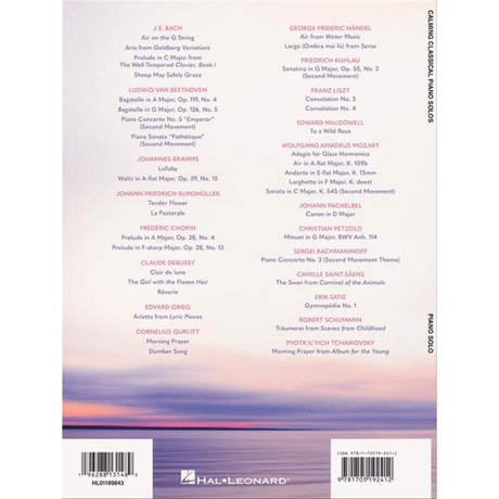 The image shows the back cover of a Hal Leonard classical piano sheet music book featuring a twilight scene with purple and pink hues over water. It lists major composers such as Bach, Beethoven, Brahms, Chopin, Debussy, Handel, Liszt, Mozart, and others. The collection spans Baroque to Impressionist periods, aimed at intermediate to advanced pianists. The Hal Leonard logo and publishing details are at the bottom.