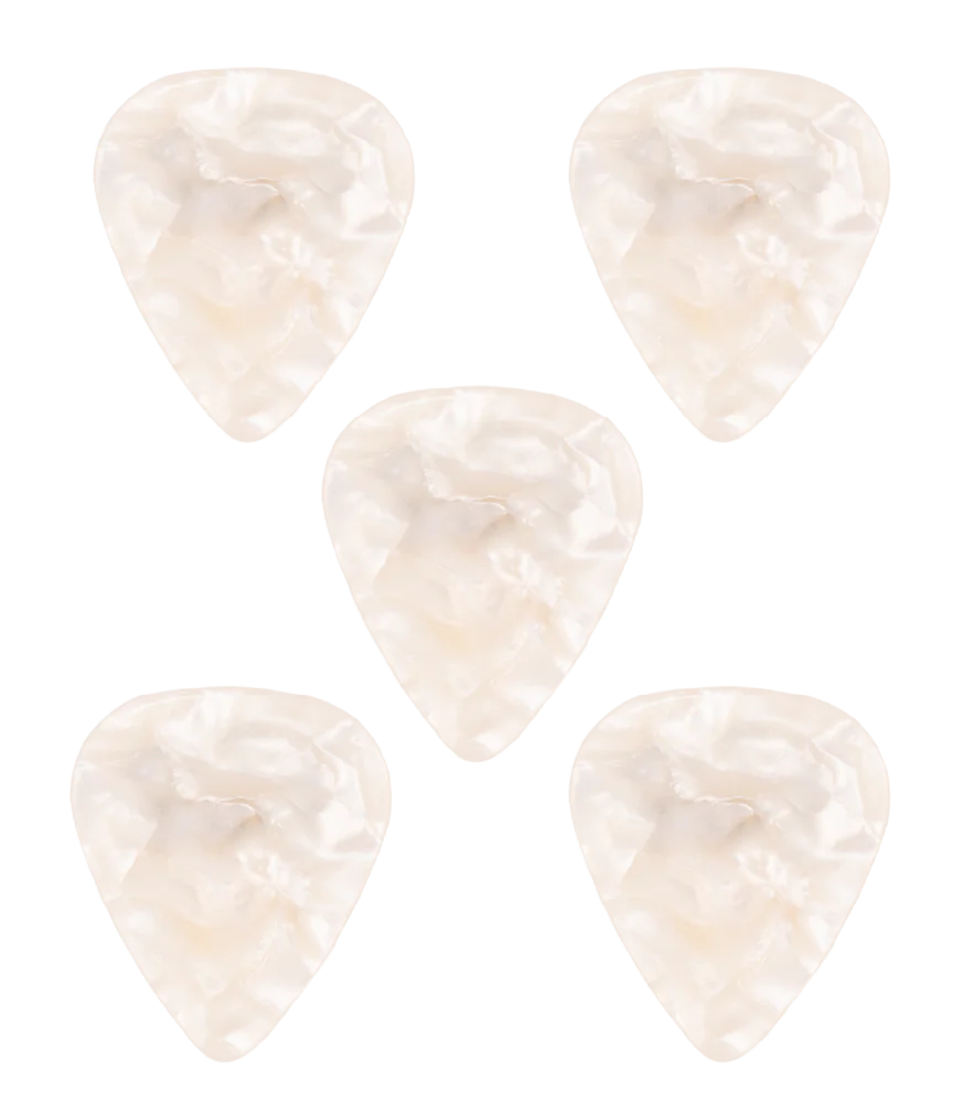 The image shows five pearloid guitar picks arranged in a circle. They have a creamy, marbled appearance typical of mother-of-pearl style material. These standard teardrop-shaped picks likely have medium thickness, offering a good grip and warm tone. Pearloid picks are popular for their aesthetic appeal and versatile performance, suitable for strumming and picking across various playing styles.