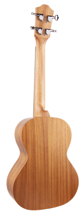 The image shows the back of a light-colored wooden ukulele with a smooth, natural finish. It features four chrome geared tuning pegs with white buttons on a clean headstock. The compact body has a classic shape, likely a concert or tenor size. The instrument’s quality construction and hardware suggest it is a mid-range acoustic ukulele suitable for beginners and experienced players.