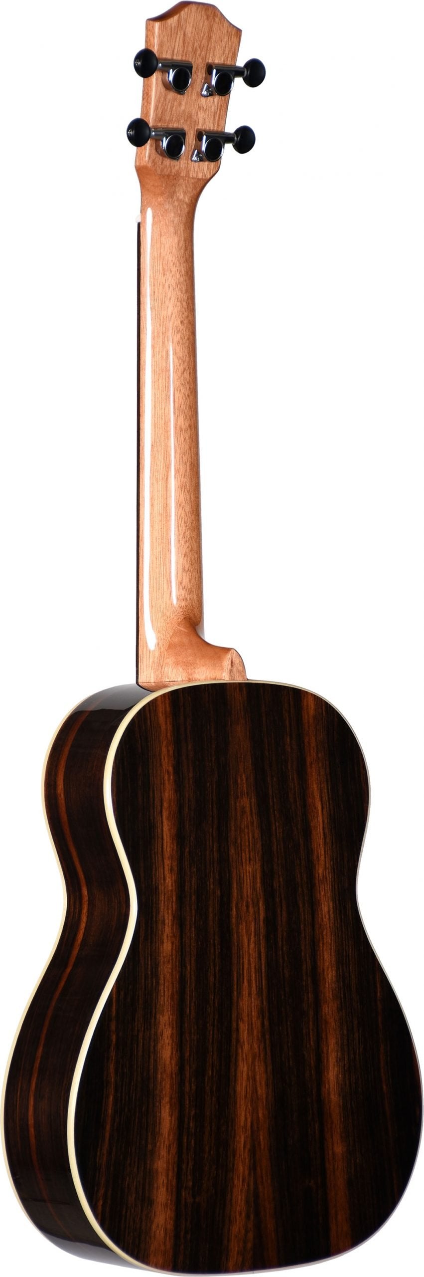 The image shows the back of a ukulele with dark wood back and sides featuring rich grain, light-colored binding, and a lighter wood neck. The headstock has four black geared tuning pegs, two on each side, and a classic curved shape. The body has a small figure-8 shape with a smooth, professional finish, suggesting a quality tenor or concert ukulele made from premium materials.