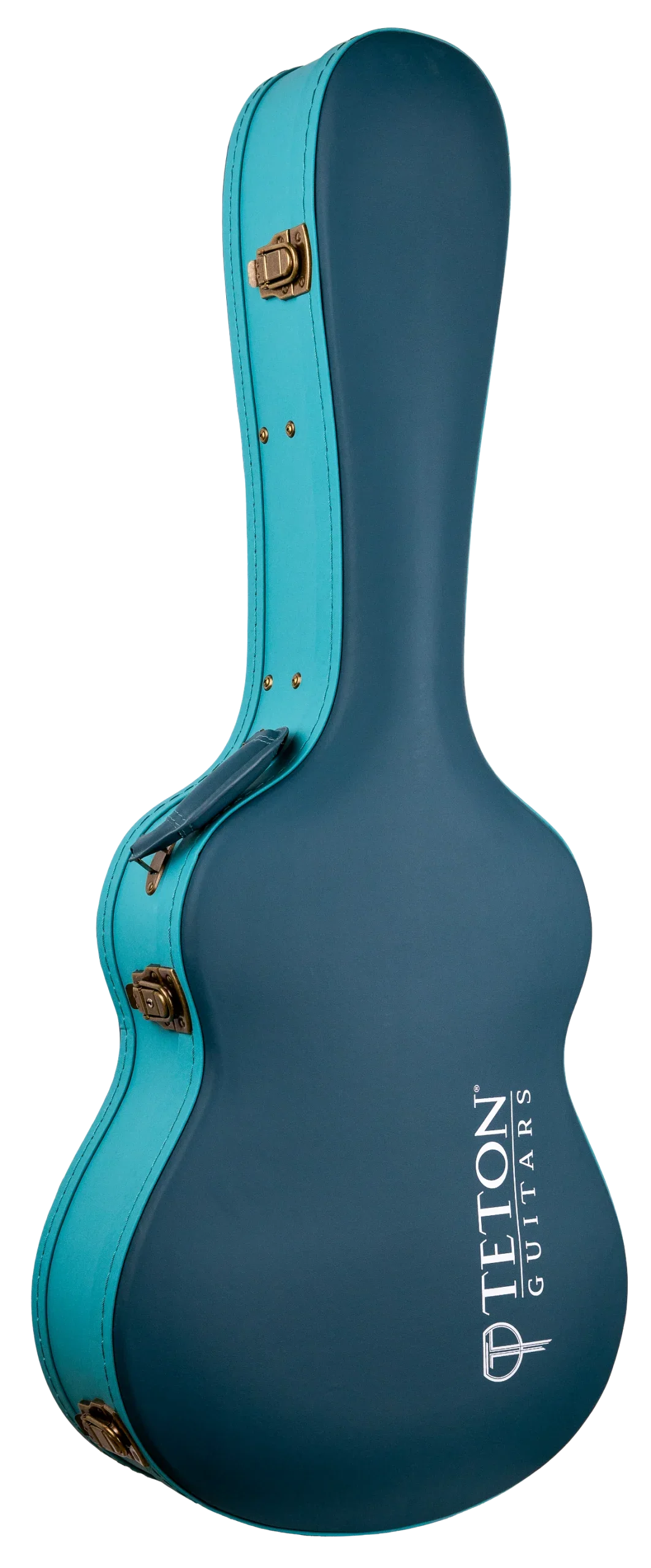 The image shows a hard shell guitar case from Teton Guitars in a teal/turquoise color with gold metal hardware. It features the classic acoustic guitar shape and the "TETON GUITARS" logo in white. Designed for protection, this sturdy case offers secure storage and transport, shielding acoustic guitars from impacts and environmental damage better than soft gig bags.