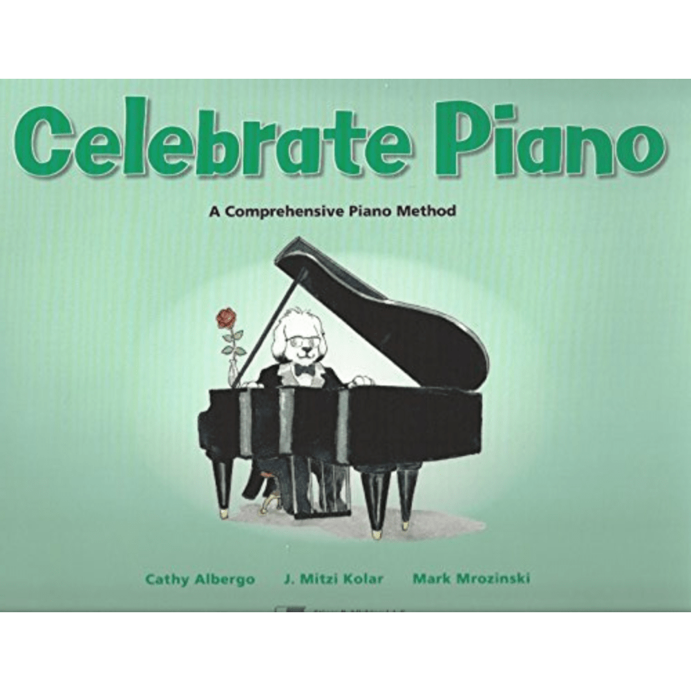 The image shows the cover of a piano instruction book titled "Celebrate Piano" with a mint green background and an illustration of a black grand piano. A cute cartoon dog mascot sits at the piano bench, with a small flower nearby. The authors listed are Cathy Albergo, J. Mitzi Kolar, and Mark Mrozinski. The book is an educational piano method for beginner to intermediate students.