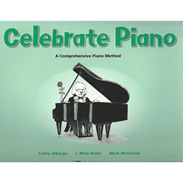 The image shows the cover of a piano instruction book titled "Celebrate Piano" with a mint green background and an illustration of a black grand piano. A cute cartoon dog mascot sits at the piano bench, with a small flower nearby. The authors listed are Cathy Albergo, J. Mitzi Kolar, and Mark Mrozinski. The book is an educational piano method for beginner to intermediate students.