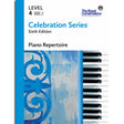 The image shows a piano music book from The Royal Conservatory's Celebration Series, Piano Repertoire Level 4, Sixth Edition. The cover features blue decorative scrollwork and piano keys on a textured blue and white background. Published by The Royal Conservatory, the book includes online recordings and is designed for intermediate piano students in their graded piano education.
