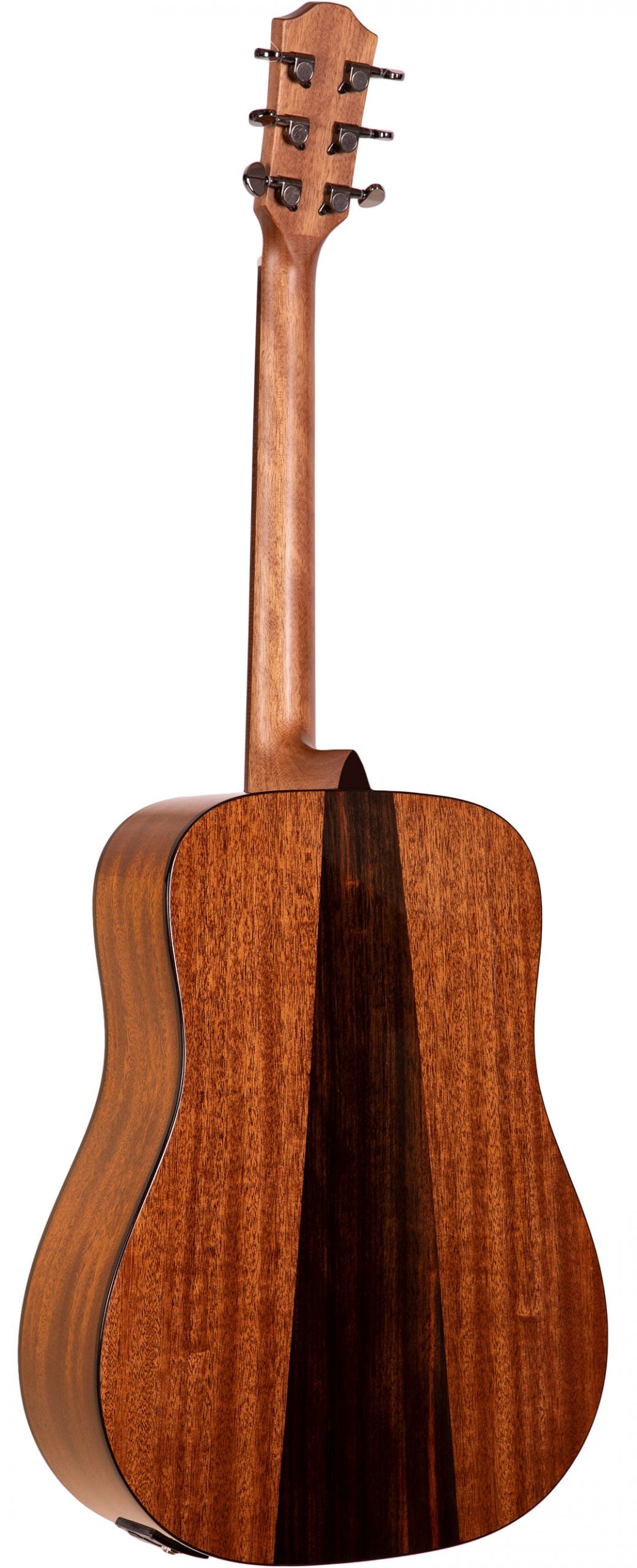 The image shows the back of an acoustic guitar made from rich, reddish-brown wood, likely mahogany, with a darker stripe in the center. Visible features include a 3+3 tuning peg headstock, a long neck, and a classic dreadnought body shape. The wood grain and clean finish highlight quality craftsmanship. The guitar is photographed against a white background, suggesting a professional product or catalog shot of a mid to high-end instrument.