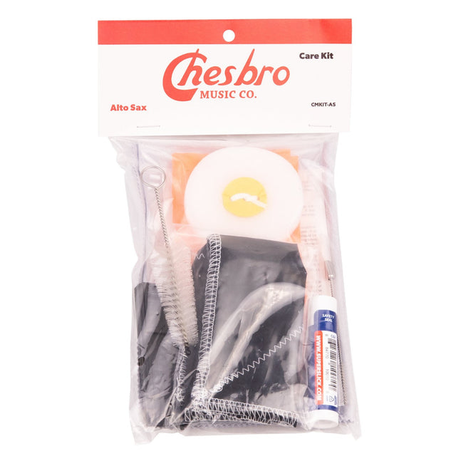 The image shows the Chesbro Music Co. Care Kit for Alto Saxophone (model CMKIT-AS), a maintenance set for cleaning and caring for alto saxophones. It includes cleaning swabs, brushes, a polishing cloth, small bottles likely for solutions or cork grease, and other saxophone-specific tools, all packaged in a clear plastic bag. This kit helps saxophonists keep their instrument clean and in good playing condition.