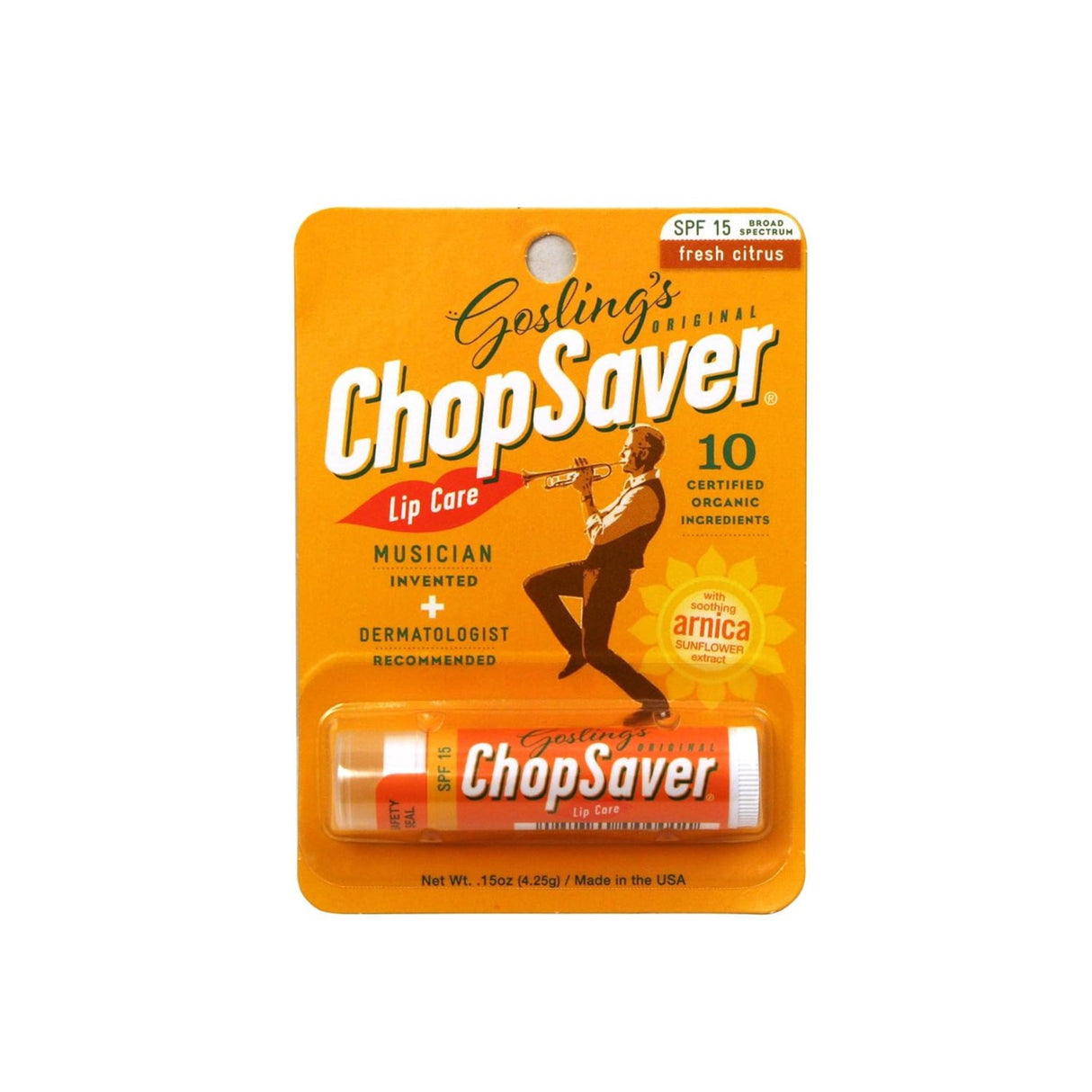 The image shows Gosling's ChopSaver lip balm, a musician-designed product for wind players and vocalists to prevent dry, chapped lips. The packaging highlights SPF 15 sun protection, fresh citrus scent, 10 certified organic ingredients including arnica and sunflower extract, and labels it "Musician Invented" and "Dermatologist Recommended." It features a trumpet player illustration, weighs 0.15 oz, and is made in the USA.