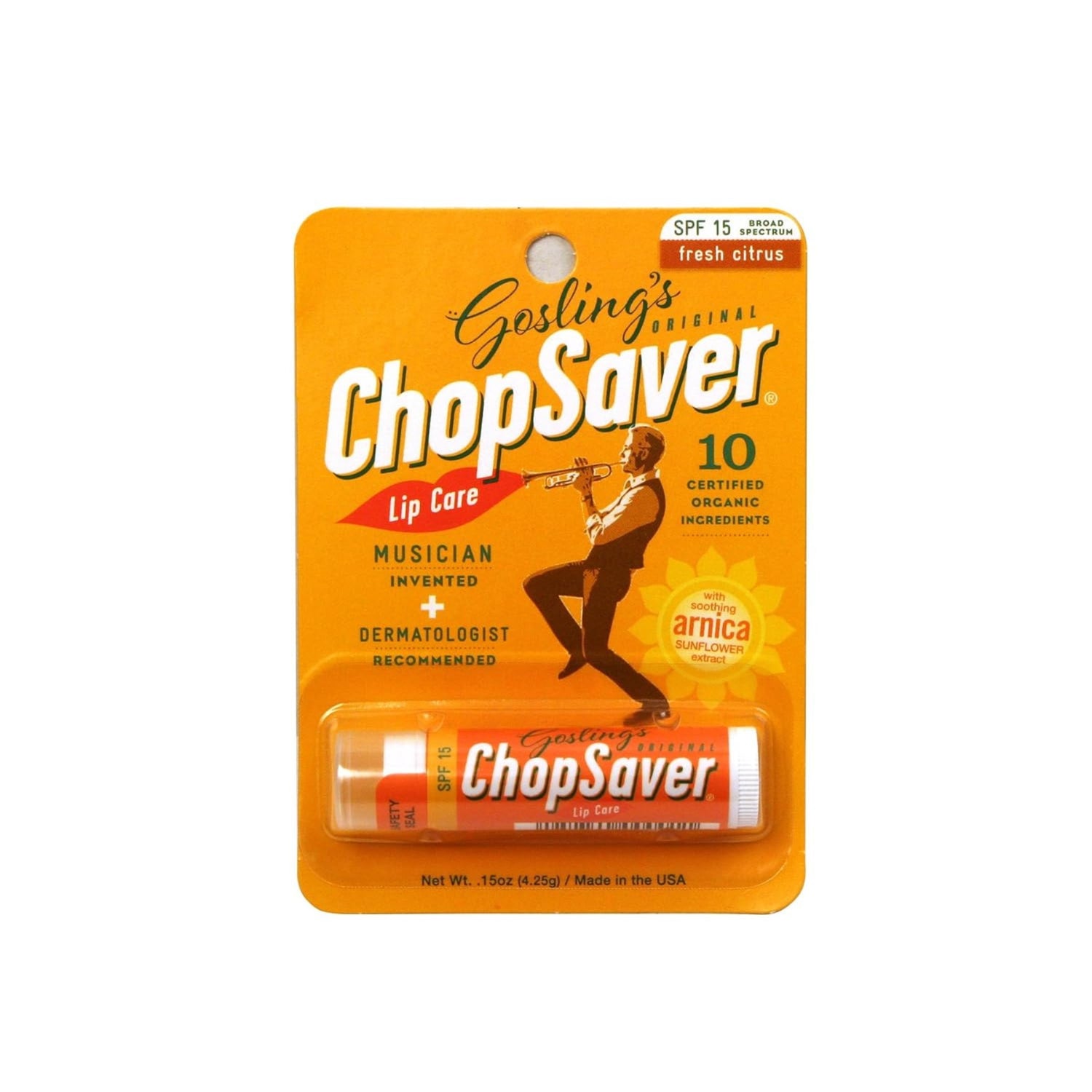 The image shows Gosling's ChopSaver lip balm, a musician-designed product for wind players and vocalists to prevent dry, chapped lips. The packaging highlights SPF 15 sun protection, fresh citrus scent, 10 certified organic ingredients including arnica and sunflower extract, and labels it "Musician Invented" and "Dermatologist Recommended." It features a trumpet player illustration, weighs 0.15 oz, and is made in the USA.