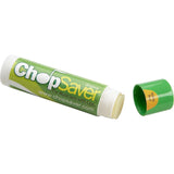 The image shows a green and white tube of ChopSaver Original, a lip balm designed for wind instrument musicians. It’s marketed "For Musicians with Lips" and helps prevent dryness and chapping from playing brass and woodwind instruments like trumpet, clarinet, and saxophone. The stick-style tube features the website www.chopsaver.com and is named after "chops," a term for embouchure skill.