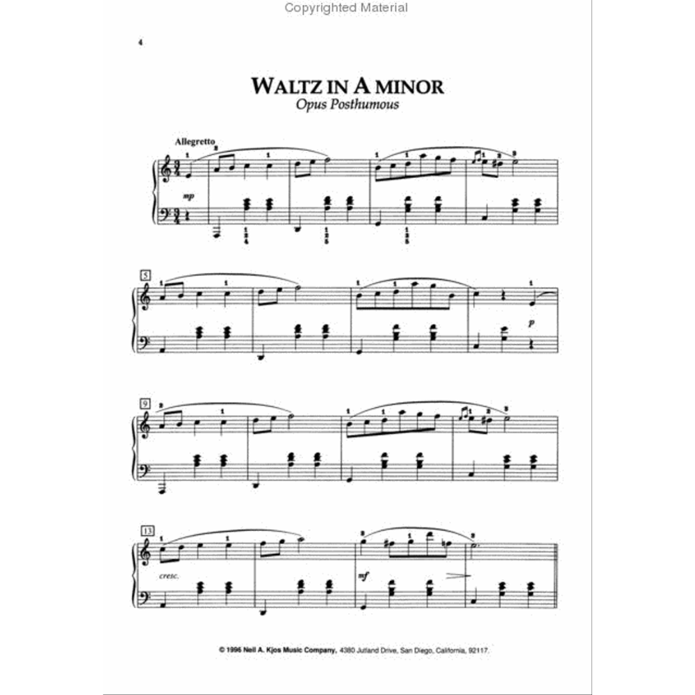 The image shows a piano sheet music titled "Waltz in A minor, Opus Posthumous." It features a grand staff with treble and bass clefs, a 3/4 time signature, and an Allegretto tempo. Key markings include dynamics (mp, p), crescendo, and measure numbers. The piece is in A minor, spanning four systems, and includes copyright info from Neil A. Kjos Music Company, indicating a classical-style solo piano waltz.