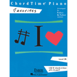 The image shows the cover of "ChordTime Piano Favorites" Level 2B, a piano method book by Faber Piano Adventures and Hal Leonard. Designed for intermediate beginners, it focuses on I-IV-V chord progressions in C, G, and F. The blue cover features a playful design with musical notes, the letter "I," and a red heart, reflecting its educational and engaging approach to teaching fundamental chords through popular songs.