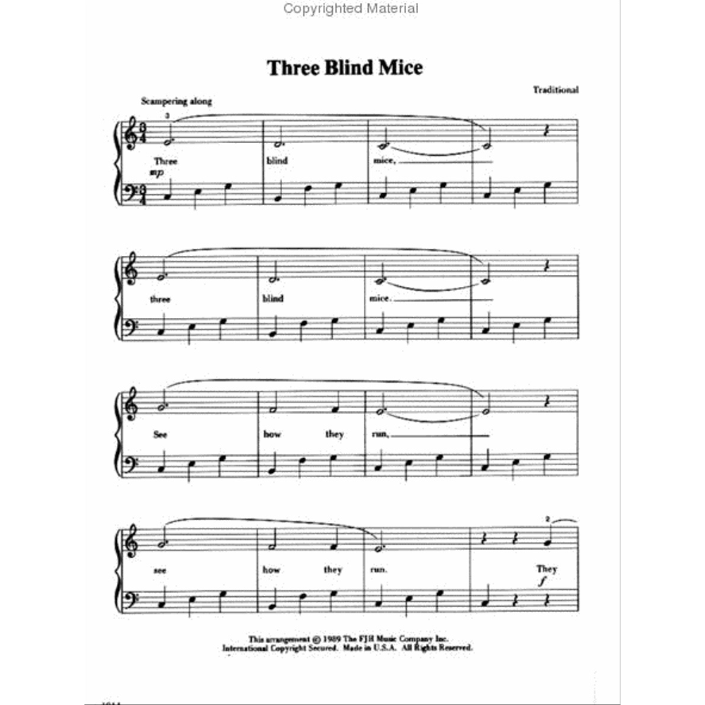 The image shows sheet music for the traditional children's song "Three Blind Mice," arranged for piano with treble and bass clefs. It includes the title, "Traditional" in the upper right, the instruction "Scampering along," lyrics under the melody, and four systems in 6/8 time. The arrangement is copyrighted 1969 by The FJH Music Company Inc., and is a simple, beginner-friendly piece for educational use.