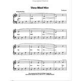 The image shows sheet music for the traditional children's song "Three Blind Mice," arranged for piano with treble and bass clefs. It includes the title, "Traditional" in the upper right, the instruction "Scampering along," lyrics under the melody, and four systems in 6/8 time. The arrangement is copyrighted 1969 by The FJH Music Company Inc., and is a simple, beginner-friendly piece for educational use.