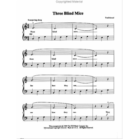 The image shows sheet music for the traditional children's song "Three Blind Mice," arranged for piano with treble and bass clefs. It includes the title, "Traditional" in the upper right, the instruction "Scampering along," lyrics under the melody, and four systems in 6/8 time. The arrangement is copyrighted 1969 by The FJH Music Company Inc., and is a simple, beginner-friendly piece for educational use.