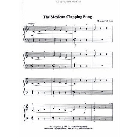 The image shows a piece of piano sheet music titled "The Mexican Clapping Song," a Mexican Folk Song in 3/4 time. Marked "Happily" and "mf," it includes treble and bass clefs with fingerings, slurs, and a bass line supporting clapping rhythms. The piece ends with "Fine" and appears suitable for intermediate pianists. A 1989 copyright by FJH Music Company Inc. is noted at the bottom.