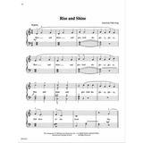 The image shows sheet music for the American folk song "Rise and Shine" arranged for piano in 4/4 time with treble and bass clefs. It features the vocal melody with lyrics, piano accompaniment with chords, dynamic marking "mf," and the performance direction "Brightly." Measure numbers and fingering are included. Copyright info notes a 1989 Dovetree Productions arrangement from "Faber Piano Adventures," page 10 of an educational piano method book.