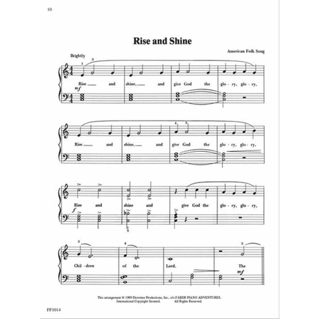 The image shows sheet music for the American folk song "Rise and Shine" arranged for piano in 4/4 time with treble and bass clefs. It features the vocal melody with lyrics, piano accompaniment with chords, dynamic marking "mf," and the performance direction "Brightly." Measure numbers and fingering are included. Copyright info notes a 1989 Dovetree Productions arrangement from "Faber Piano Adventures," page 10 of an educational piano method book.