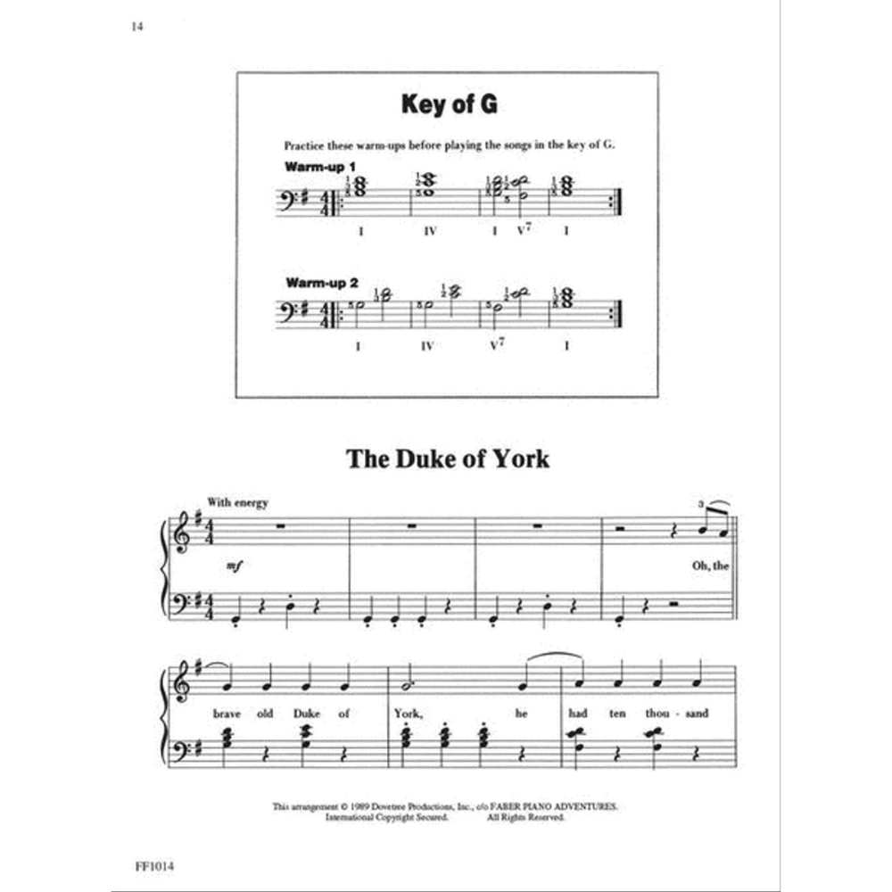 The image shows a page of piano sheet music from a method book. The top section features a Key of G warm-up exercise with chord progressions and Roman numeral analysis. The bottom section begins a 2/4 time folk song titled "The Duke of York," marked "With energy" and mezzo-forte, with treble and bass staves and lyrics. The page includes a 1999 Dovetree Productions copyright, page number 14, and product code FF1014.