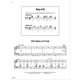 The image shows a page of piano sheet music from a method book. The top section features a Key of G warm-up exercise with chord progressions and Roman numeral analysis. The bottom section begins a 2/4 time folk song titled "The Duke of York," marked "With energy" and mezzo-forte, with treble and bass staves and lyrics. The page includes a 1999 Dovetree Productions copyright, page number 14, and product code FF1014.