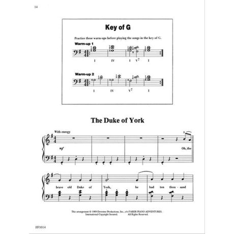 The image shows a page of piano sheet music from a method book. The top section features a Key of G warm-up exercise with chord progressions and Roman numeral analysis. The bottom section begins a 2/4 time folk song titled "The Duke of York," marked "With energy" and mezzo-forte, with treble and bass staves and lyrics. The page includes a 1999 Dovetree Productions copyright, page number 14, and product code FF1014.