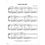 The image shows a page of sheet music for "Long, Long Ago" by Thomas H. Bayly, arranged for piano in D major (two sharps) and 4/4 time. It features treble and bass clefs with melody and lyrics including phrases like "long, long ago." Marked "Smoothly" with mezzo-piano dynamics, it includes fingering numbers. A copyright notice from 1999 by Dovetree Productions appears at the bottom, with page number 18 and code FF1014.
