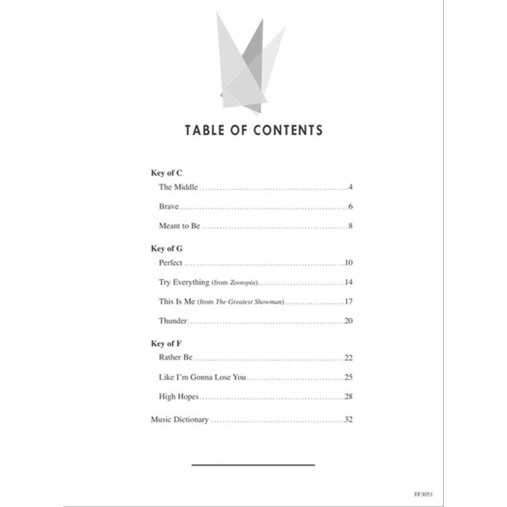 The image shows a table of contents page from a music book, featuring a decorative logo and the title "TABLE OF CONTENTS." Songs are organized by key: C (The Middle, Brave, Meant to Be), G (Perfect, Try Everything, This Is Me, Thunder), and F (Rather Be, Like I'm Gonna Lose You, High Hopes). An additional section lists a Music Dictionary. The book appears to be a contemporary pop songbook for educational use.