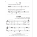 The image shows printed sheet music featuring a "Key of C" music theory section with chord progressions and warm-up exercises. It includes piano notation for the song "The Middle" in 4/4 time with a tempo of ♩=100-108, displaying treble and bass clefs, lyrics beneath the notes, and copyright details at the bottom, indicating it’s from an official music book or songbook.