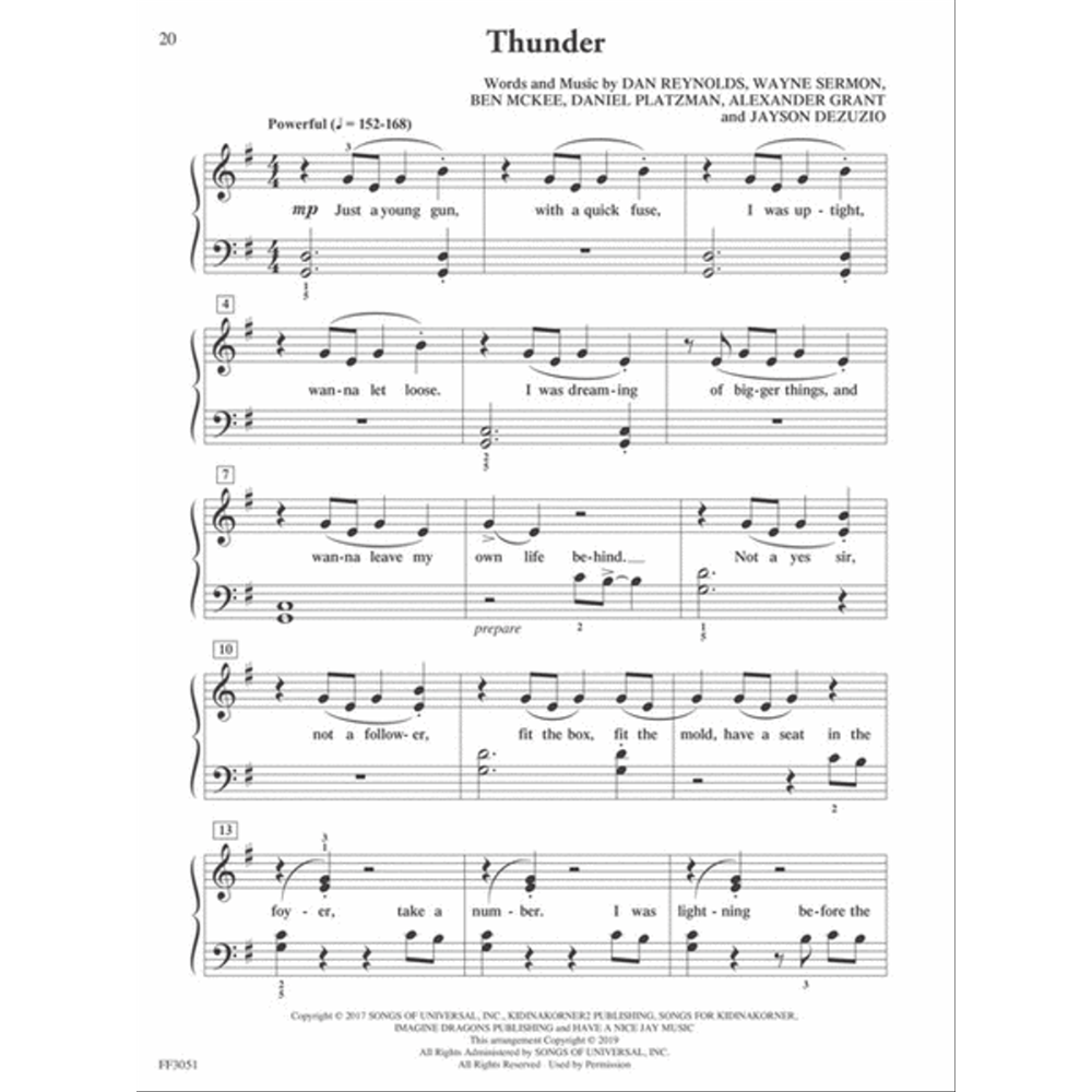 The image shows sheet music for "Thunder" by Imagine Dragons, arranged for piano and vocals in 4/4 time, key of D major. It features the melody with lyrics, piano accompaniment, tempo marking "Powerful (♩=152-168)," measure numbers starting at 20, dynamic marking "mp," and copyright info from Universal Music Publishing. Visible lyrics include phrases like "Just a young gun" and "wanna let loose." The page number is 20, catalog HL051.