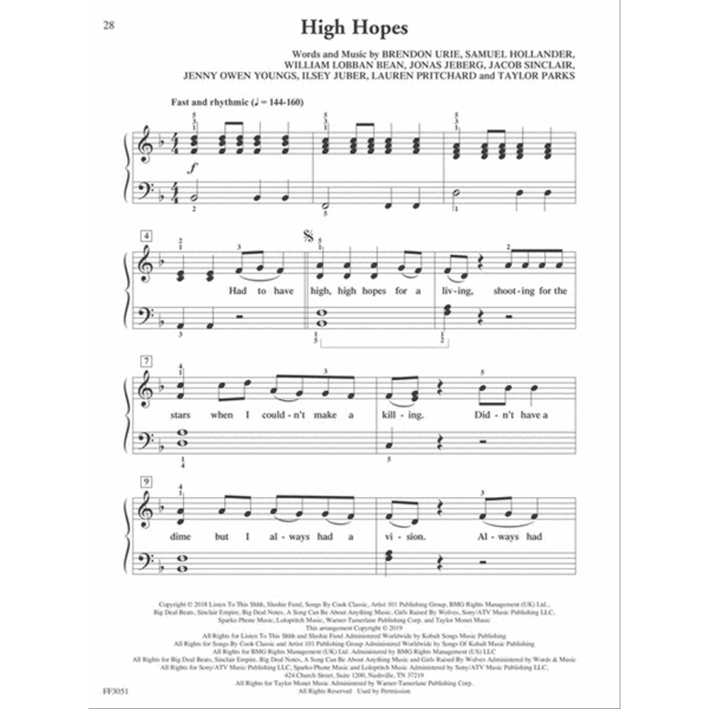 The image shows sheet music for "High Hopes," a piano/vocal arrangement with treble and bass clefs. It features the song title, multiple songwriter credits, a tempo marking of ♩=144-160, lyrics beneath the notes, measure numbers, rehearsal letters, dynamic markings, and copyright info. This appears to be page 28 of a larger collection.