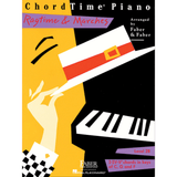 The image shows the cover of a piano method book from the "ChordTime Piano" series titled "Ragtime & Marches," arranged by Faber & Faber. It features a colorful, stylized illustration with a piano keyboard, a hand reaching toward the keys, a hat, bold geometric shapes in yellow, black, white, and red, and a checkered pattern. The book is Level 2B and focuses on I-IV-V7 chords in C, G, and F keys.