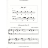 The image shows a page from an educational piano book featuring two warm-up exercises in bass clef with Roman numeral chords for the key of F, and a piano arrangement of Beethoven's "Alexander March" with treble and bass clefs, lively march tempo (quarter note = 160-176), fingering numbers, and typical melody and accompaniment. The page is likely from an intermediate piano method combining technical practice with classical repertoire.