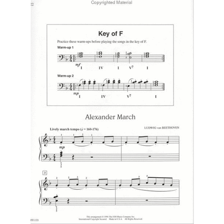 The image shows a page from an educational piano book featuring two warm-up exercises in bass clef with Roman numeral chords for the key of F, and a piano arrangement of Beethoven's "Alexander March" with treble and bass clefs, lively march tempo (quarter note = 160-176), fingering numbers, and typical melody and accompaniment. The page is likely from an intermediate piano method combining technical practice with classical repertoire.