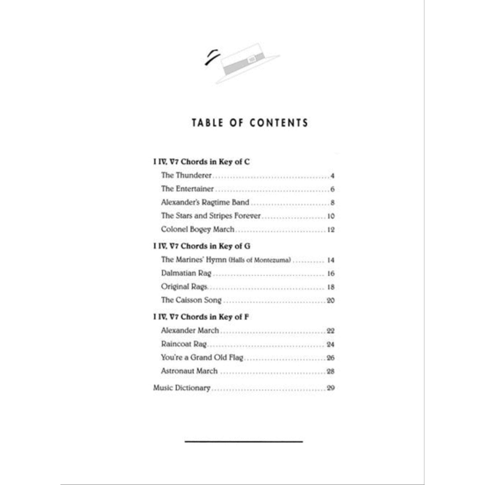 The image shows a table of contents from a music instruction book focused on learning V7 (dominant seventh) chords in the keys of C, G, and F. It lists popular American songs, marches, and rags like The Entertainer, The Marines' Hymn, and You're a Grand Old Flag. The book also includes a Music Dictionary, emphasizing traditional American repertoire for teaching chord progressions.