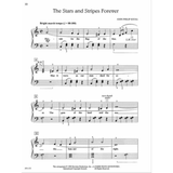 The image shows sheet music for "The Stars and Stripes Forever" by John Philip Sousa, arranged for piano. It features the title, composer, tempo marking, four systems of music with treble and bass clefs, lyrics beneath the melody, measure numbers, performance markings, and 1996 copyright info. The simplified arrangement and lyrics suggest it’s from an educational piano method book.