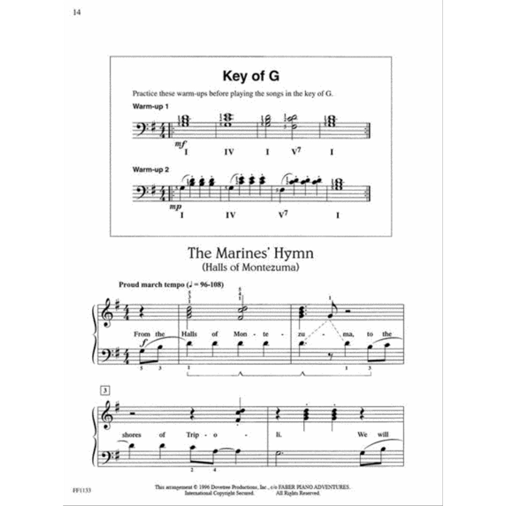 The image shows a page of piano sheet music for "The Marines' Hymn" in G major, with treble and bass staves and a proud march tempo (♩=96-108). It includes warm-up exercises featuring I-IV-I-V7-I chord progressions, Roman numeral analysis, dynamic markings, fingering, and lyrics. This educational material from Faber Piano Adventures is designed for intermediate students to practice melody and accompaniment.