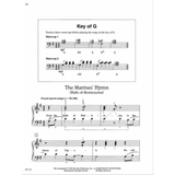 The image shows a page of piano sheet music for "The Marines' Hymn" in G major, with treble and bass staves and a proud march tempo (♩=96-108). It includes warm-up exercises featuring I-IV-I-V7-I chord progressions, Roman numeral analysis, dynamic markings, fingering, and lyrics. This educational material from Faber Piano Adventures is designed for intermediate students to practice melody and accompaniment.