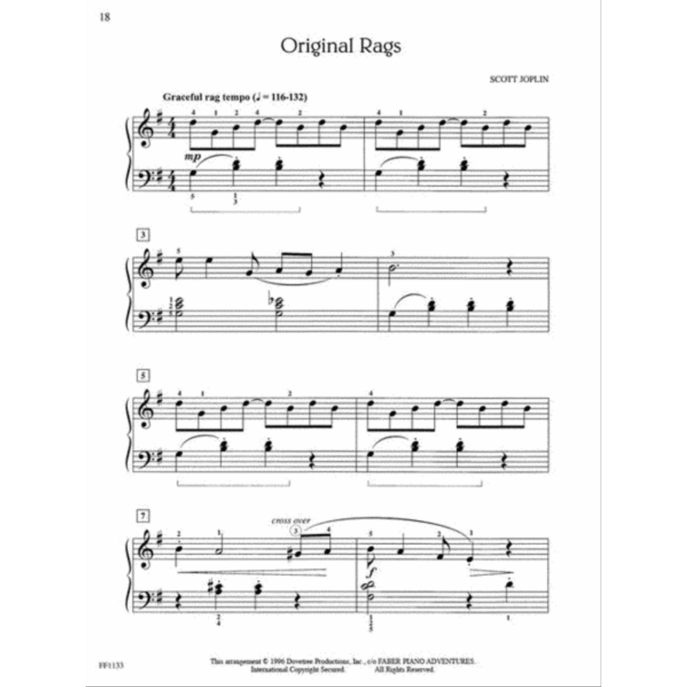 The image shows page 18 of Scott Joplin's "Original Rags" piano sheet music. It features the title and composer name, a tempo marking of "Graceful rag tempo (♩=116-132)," 4/4 time, and mezzo-piano dynamics. The standard treble and bass clef staves display syncopated ragtime rhythms in measures 1, 3, 5, and 7. Publisher info notes 1996 Dover Publications for "Faber Piano Adventures."