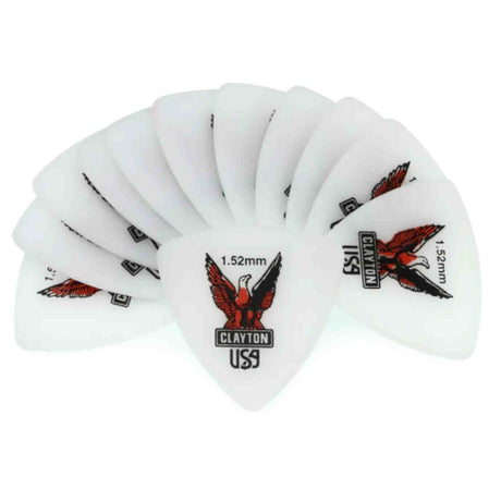 The image shows a fan of white or translucent Clayton guitar picks with a 1.52mm thickness. Each pick features a red and black eagle logo and "CLAYTON US9" branding. These heavy gauge picks are designed for precision and attack, commonly used by guitarists for plucking or strumming strings.