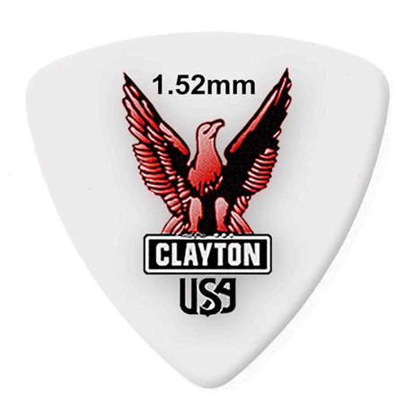 The image shows a white plastic Clayton guitar pick with a 1.52mm thickness, marked at the top. It features a red and black eagle logo, the brand name "CLAYTON" in a black banner, and "USA" below. The pick has a standard teardrop shape. Known for quality, this heavy-gauge pick offers control and bright attack, favored by players for precise strumming and lead playing.