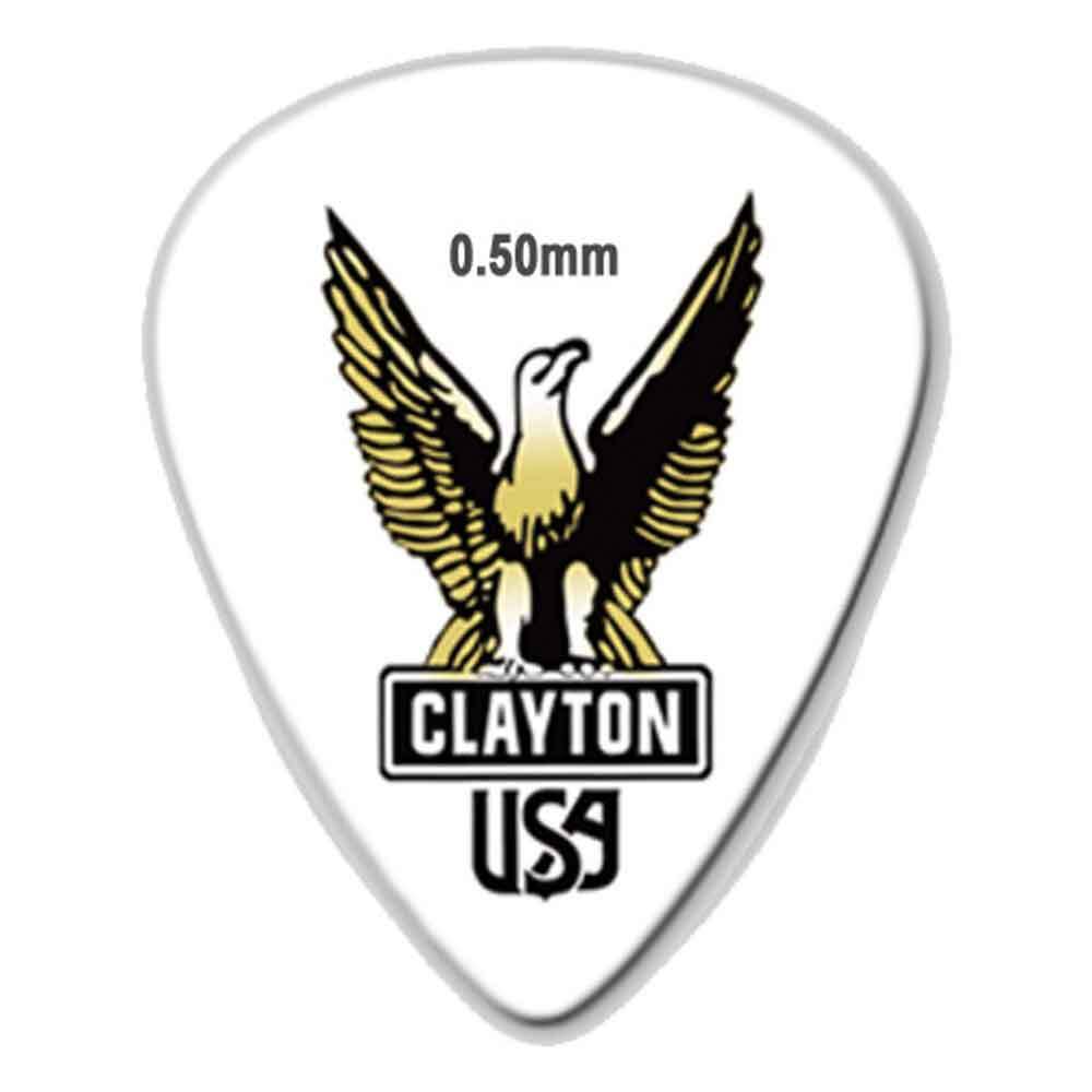 The image shows a Clayton USA guitar pick with a 0.50mm thin gauge. It features a white background and a black and gold eagle logo with spread wings. The pick has a standard teardrop shape, making it ideal for light playing and strumming. Clayton is a well-known brand recognized for quality guitar accessories in various thicknesses and materials.