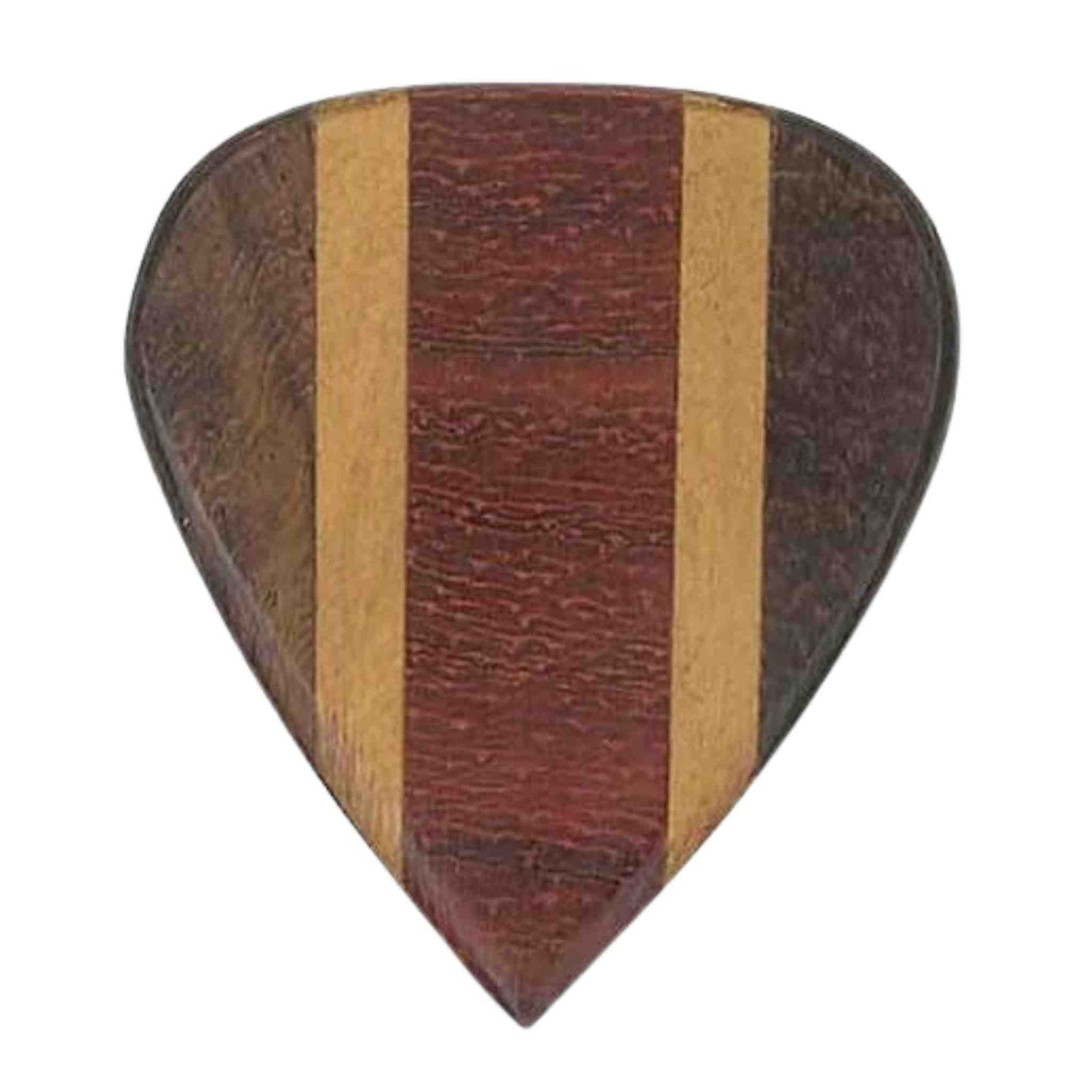 The image shows a handcrafted wooden guitar pick with a laminated design featuring a reddish-brown center, lighter wood strips on the sides, and darker edges. Its distinctive striped pattern highlights different wood types, making it a premium accessory valued for natural materials, warm tone, comfortable feel, and unique aesthetics that blend musical function with artisanal craftsmanship.